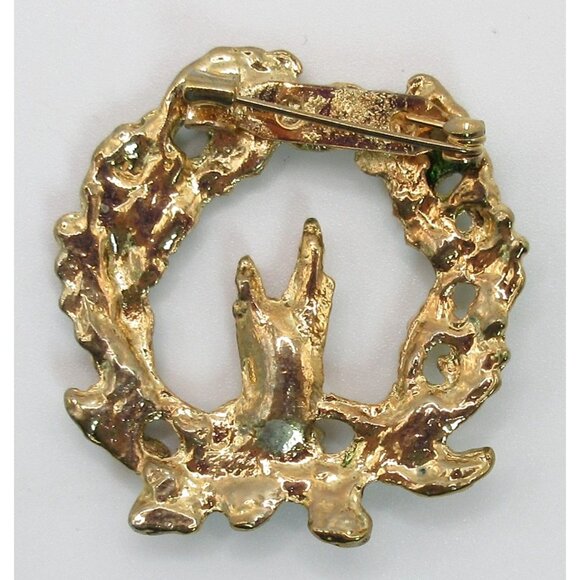 Vintage Gold Tone Enamel Christmas Wreath Candles Brooch Pin Holiday Green - Picture 5 of 7